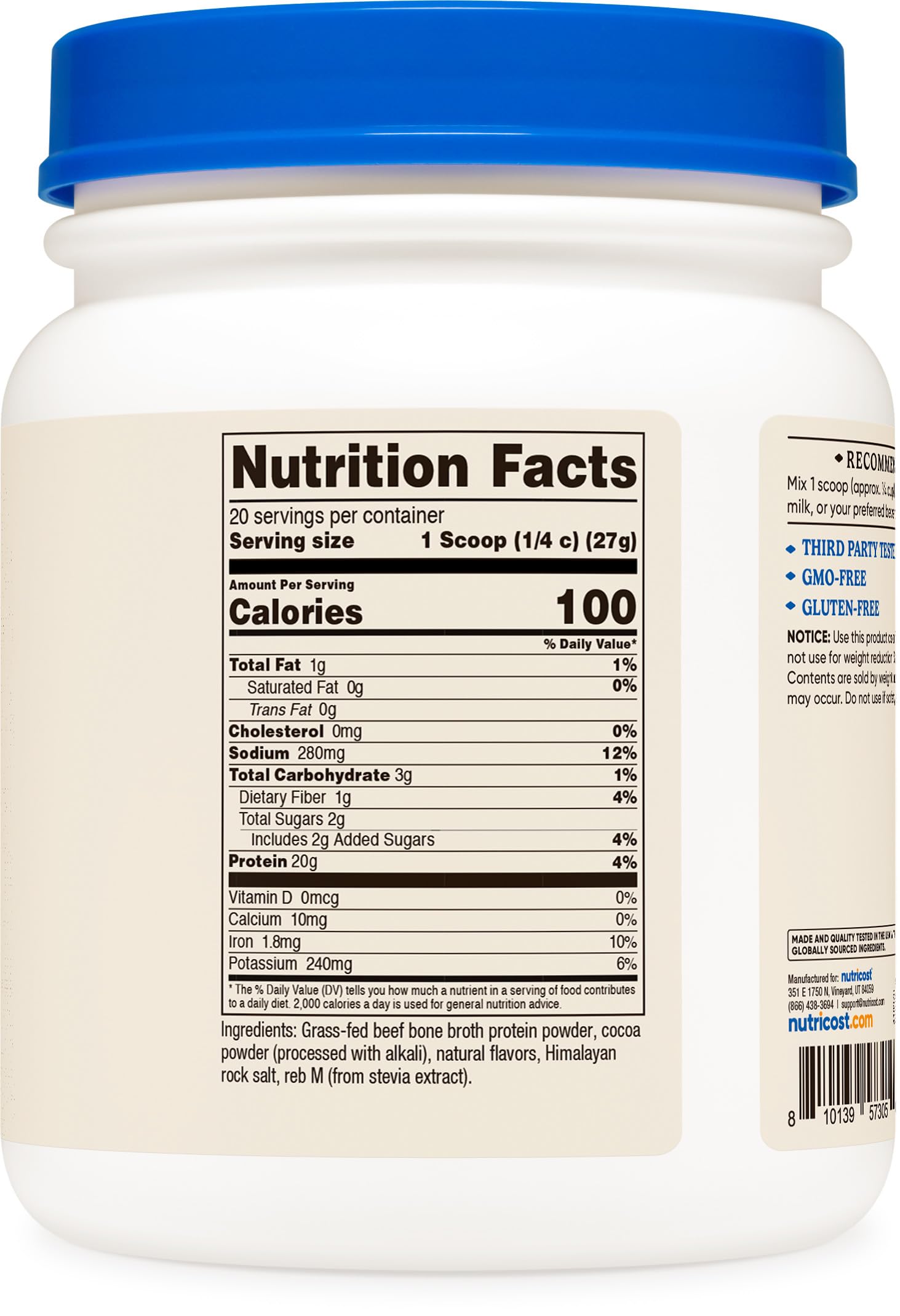 Close-up of Nutricost label showing 20 servings and gluten-free claim