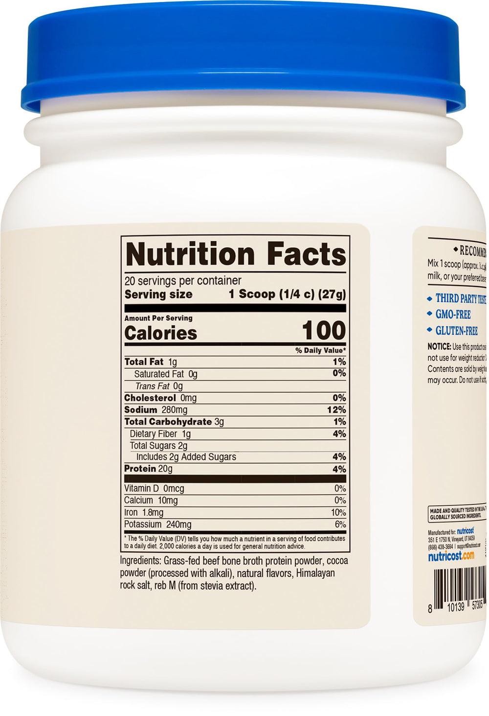 Close-up of Nutricost label showing 20 servings and gluten-free claim