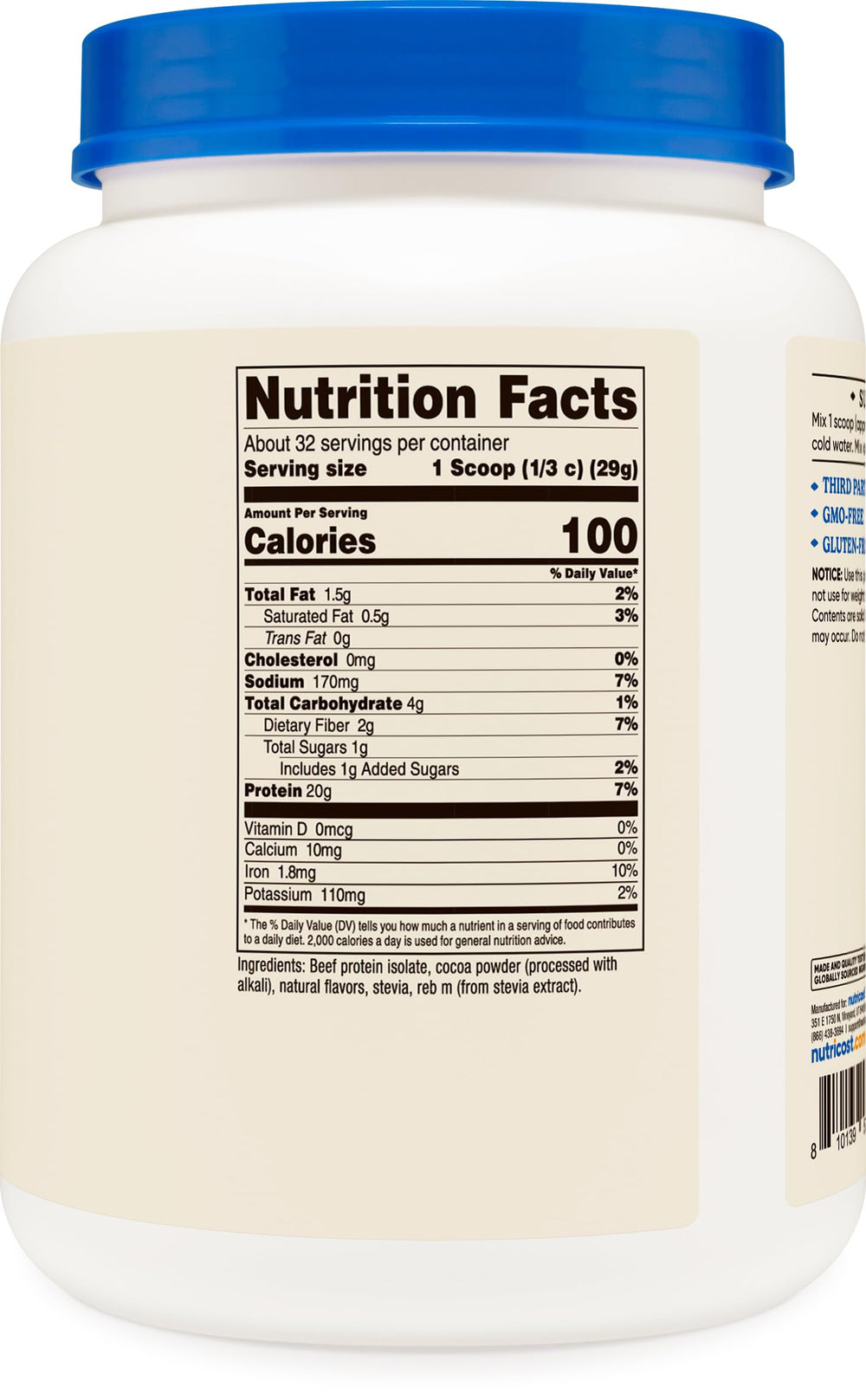 Nutricost beef protein isolate chocolate ingredients panel highlights gluten-free, GMO-free benefits