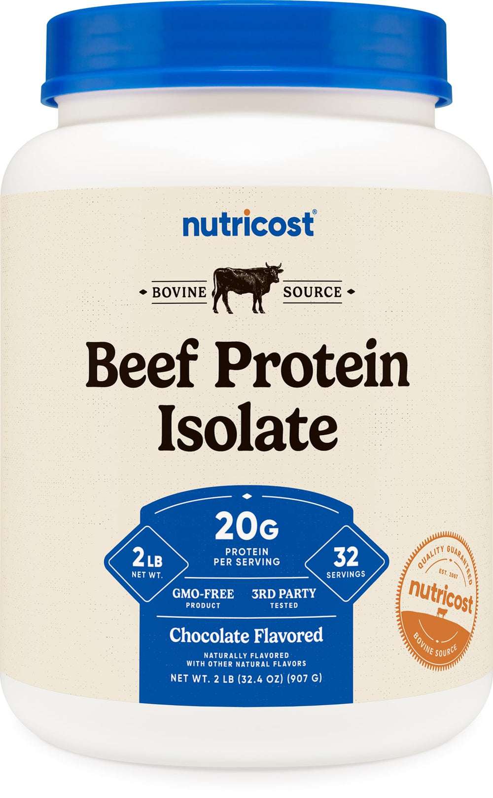 Nutricost beef protein isolate chocolate tub showcasing 2lb value for shakes