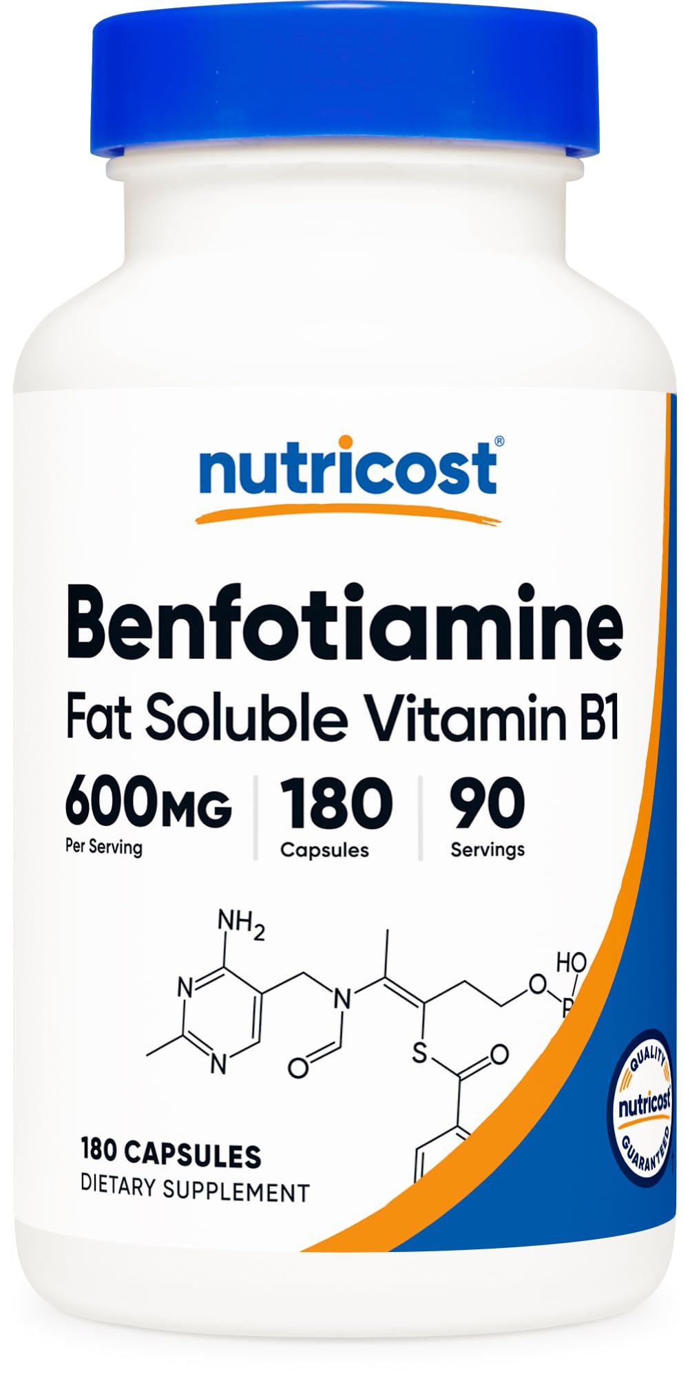 Nutricost Benfotiamine 600mg bottle front supports daily wellness with high-potency B1.