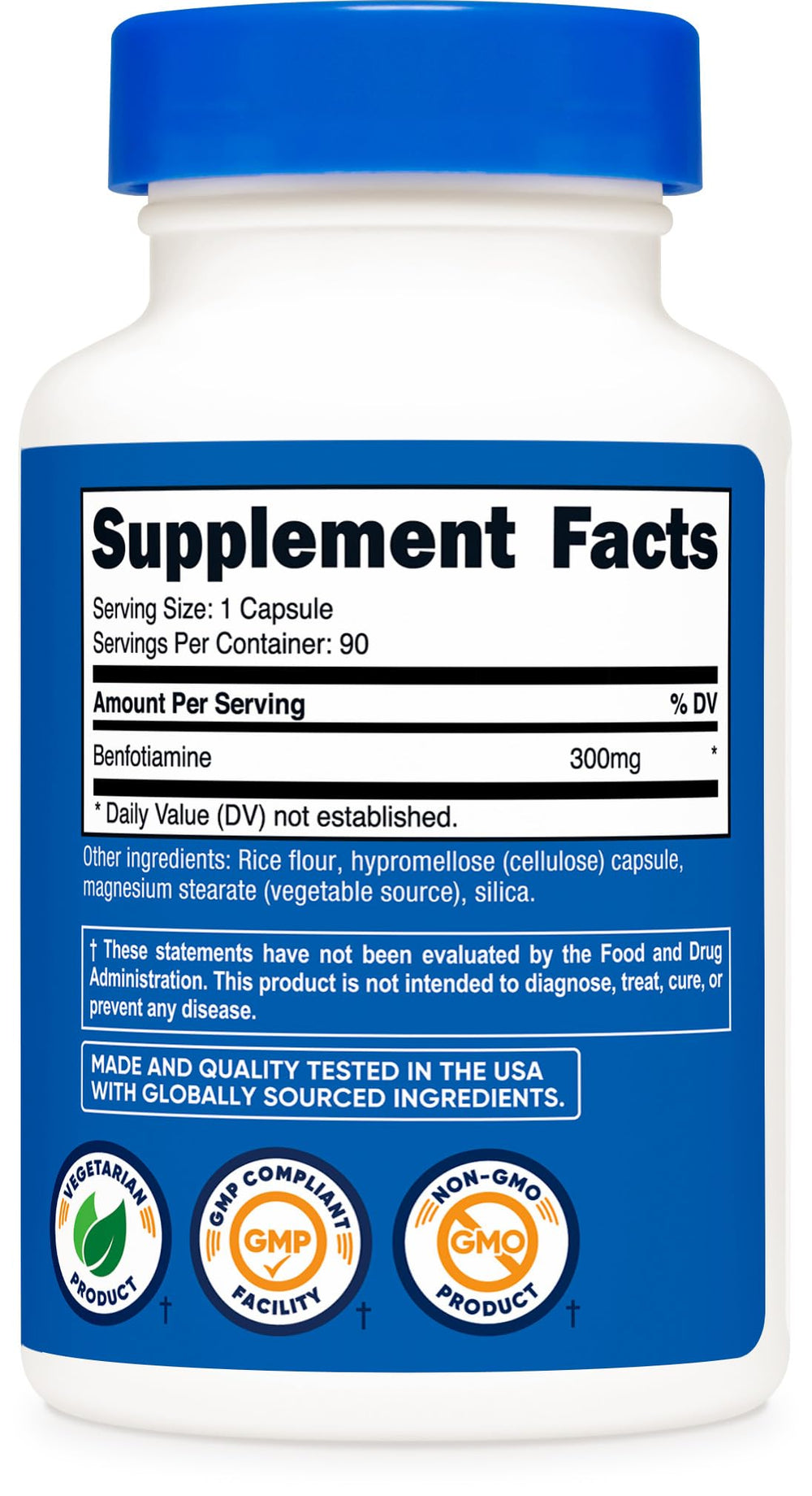 Nutricost Benfotiamine box packaging showing gluten-free and non-GMO badges