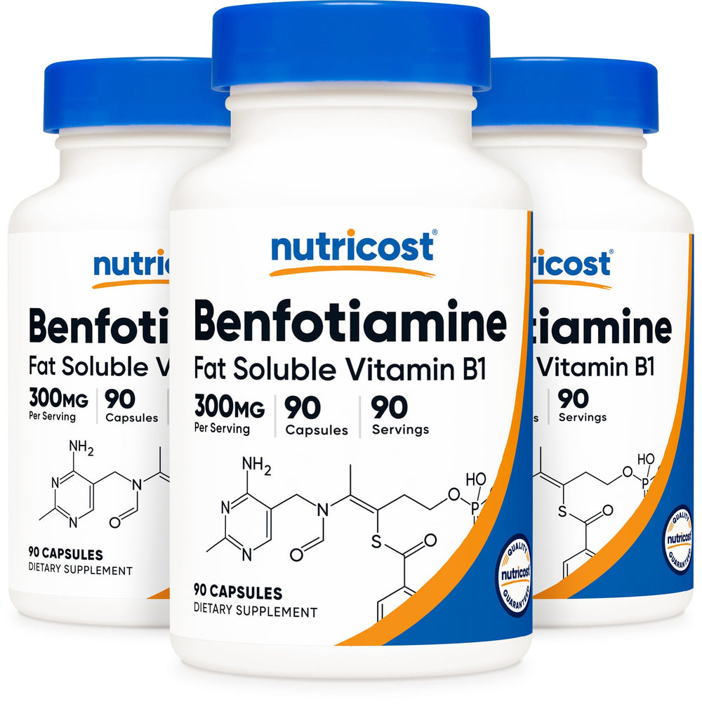 Nutricost Benfotiamine bottle on a counter ready for daily use