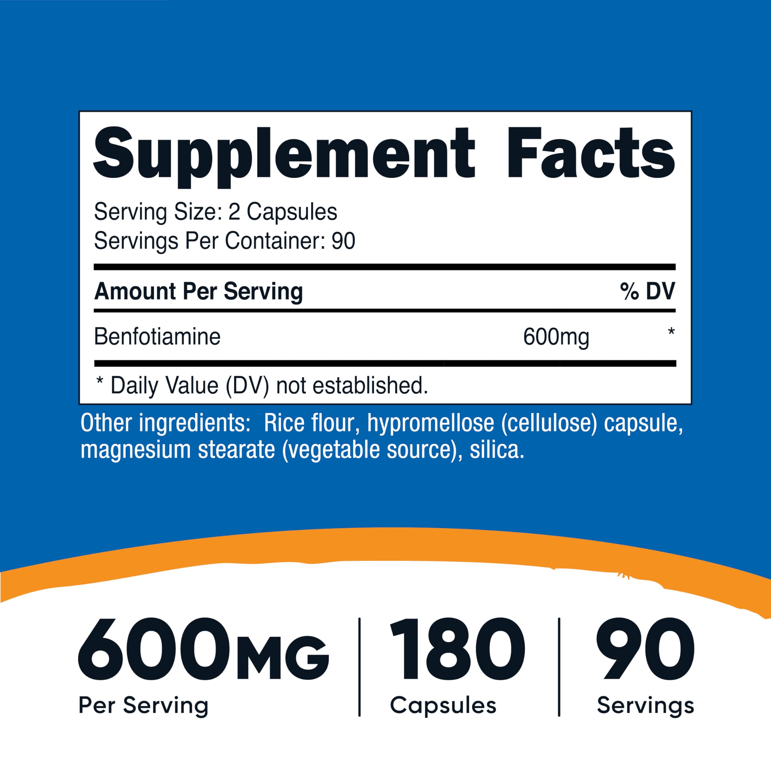 Nutricost Benfotiamine capsules close-up showcasing 600mg per serving.