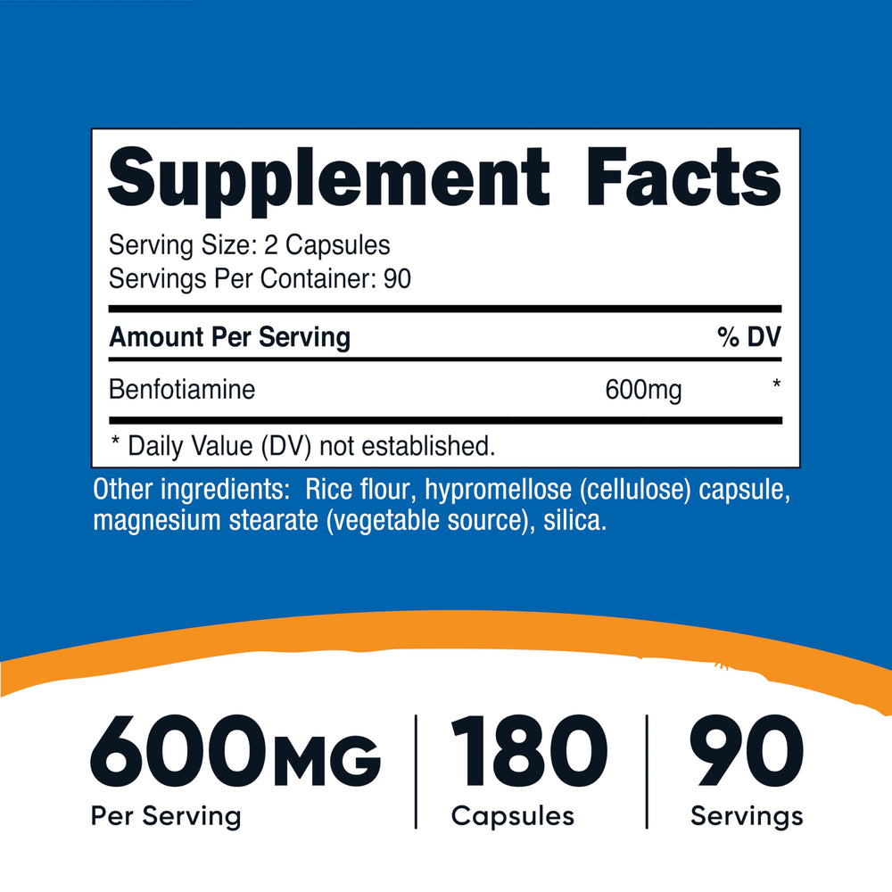 Nutricost Benfotiamine capsules close-up showcasing 600mg per serving.