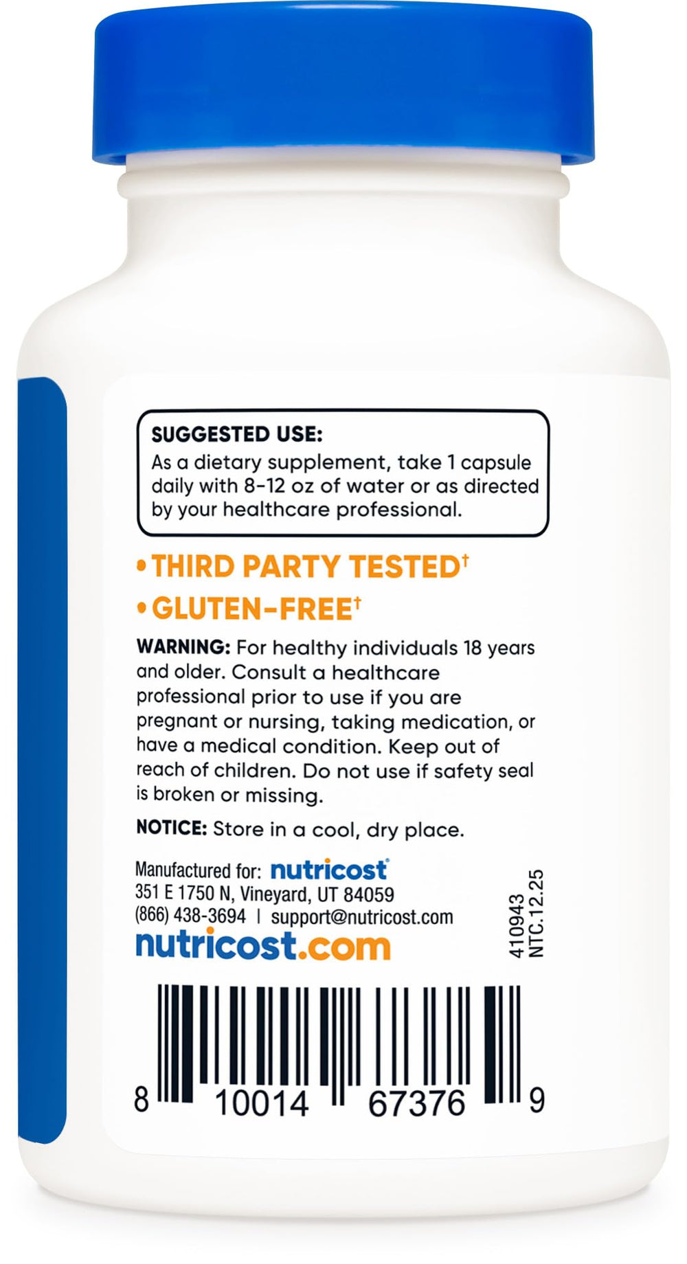 Nutricost Benfotiamine bottle side view indicating NSF GMP facility quality