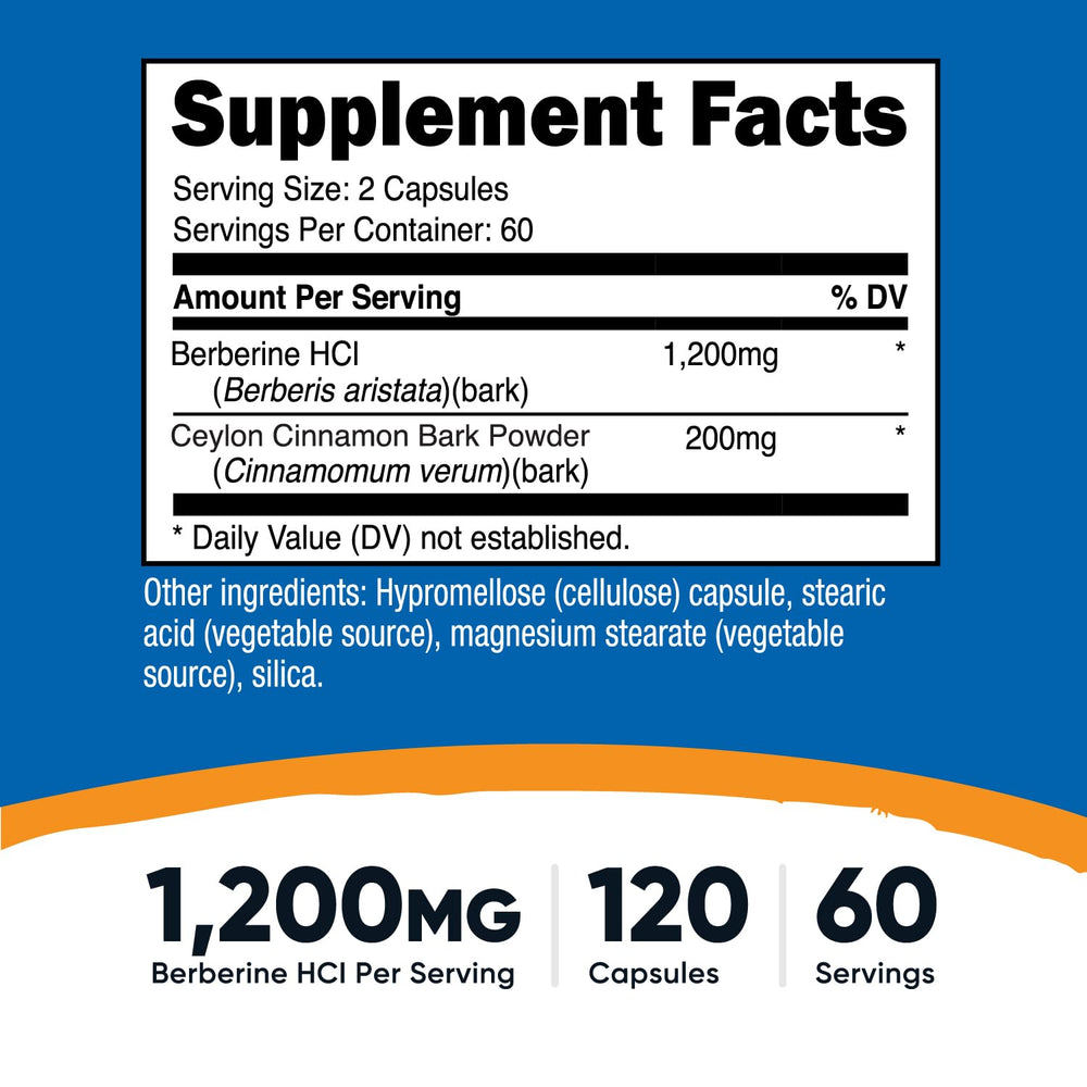 Berberine HCl Cinnamon capsules close-up showing 60 servings per bottle.