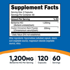 Berberine HCl Cinnamon capsules close-up showing 60 servings per bottle.