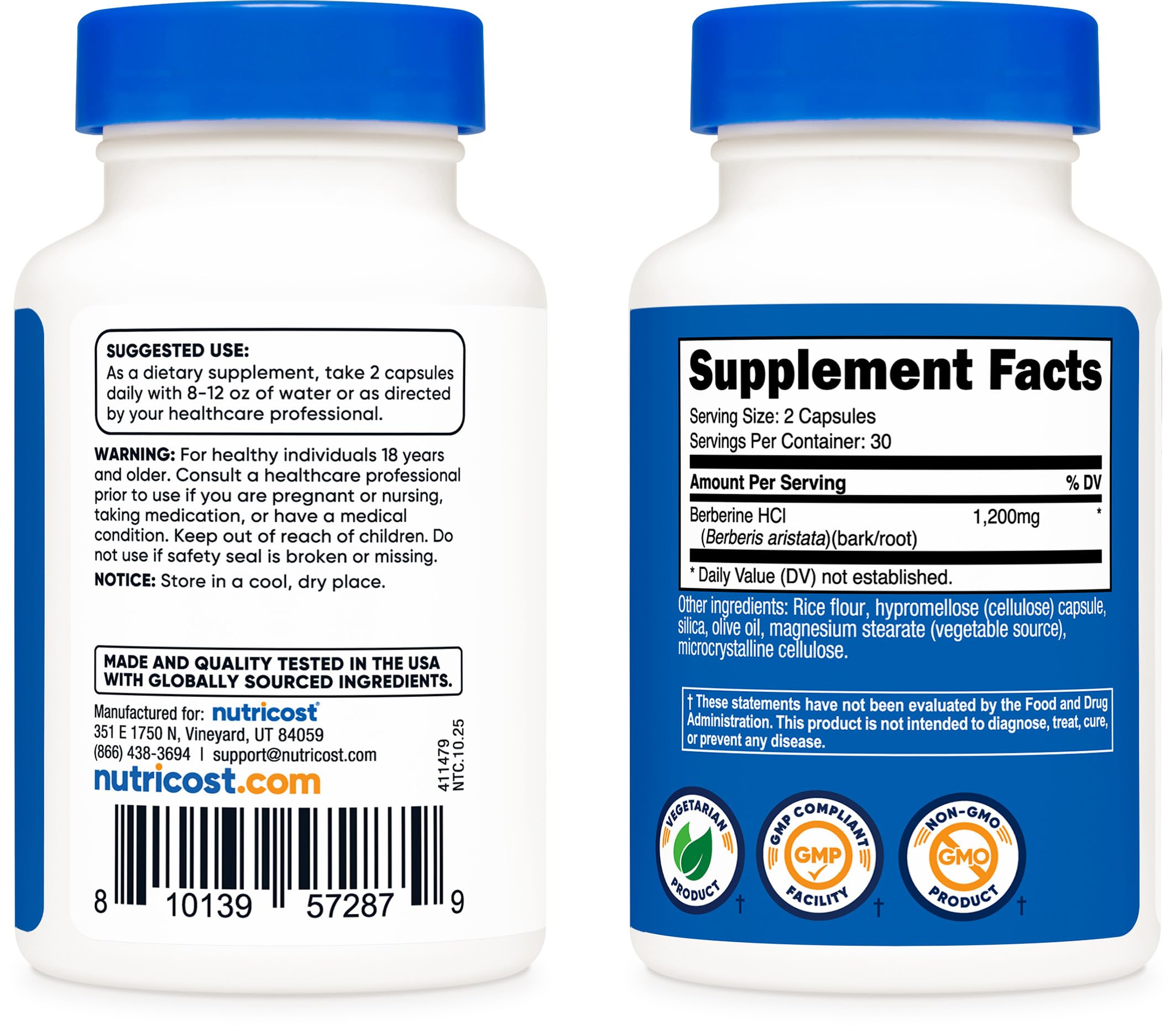 Nutricost Berberine HCl produced in GMP compliant, FDA registered facility.