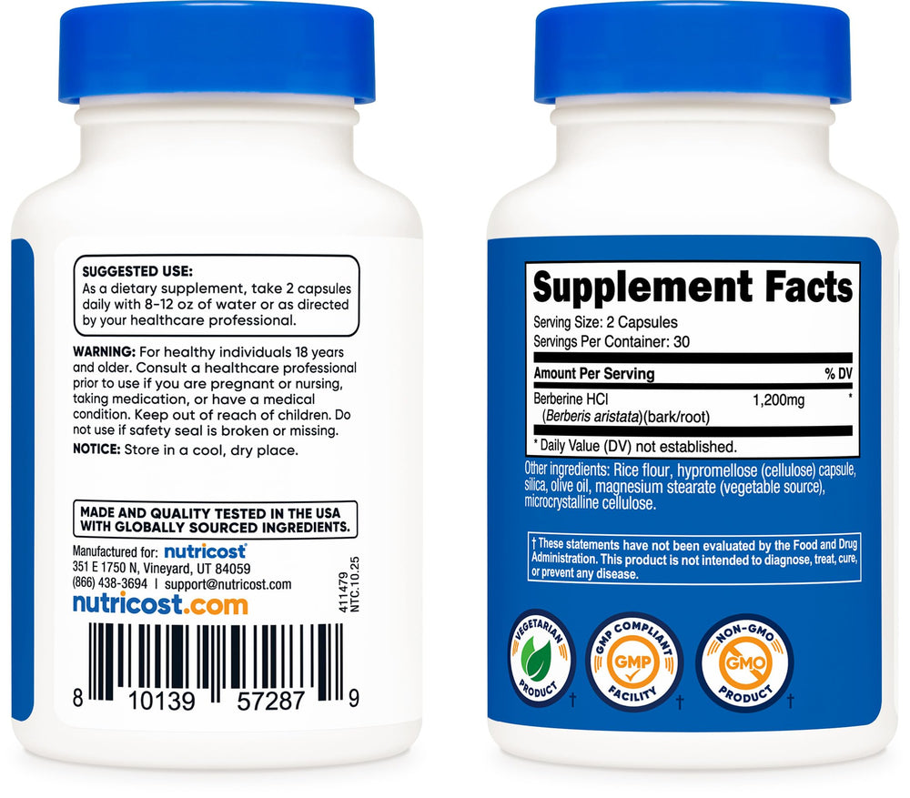 Nutricost Berberine HCl produced in GMP compliant, FDA registered facility.