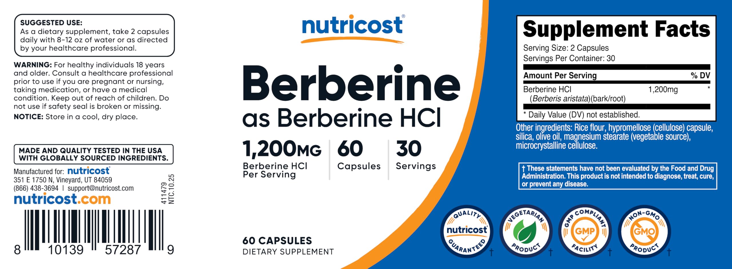 Nutricost Berberine HCl vegetarian capsules for plant-based lifestyle.