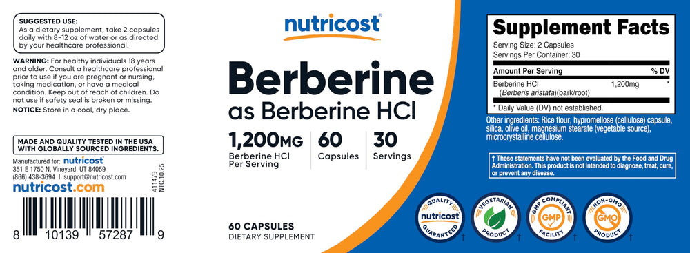 Nutricost Berberine HCl vegetarian capsules for plant-based lifestyle.