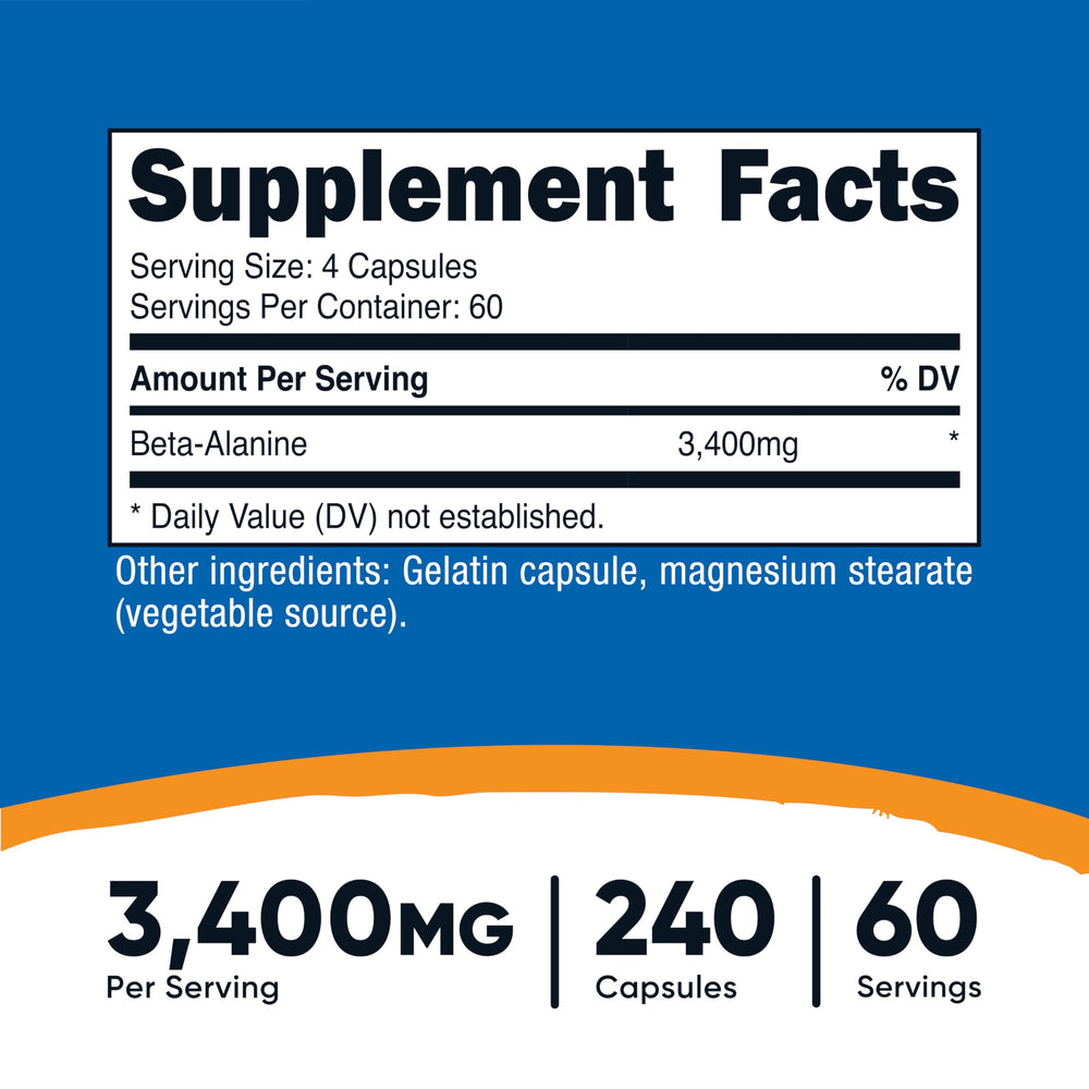 Nutricost Beta-Alanine capsules closeup highlighting 850 mg per cap for consistent dosing