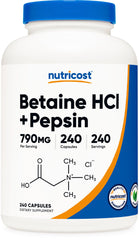 Nutricost Betaine HCl Pepsin 790mg bottle on counter; plant-based capsules visible.