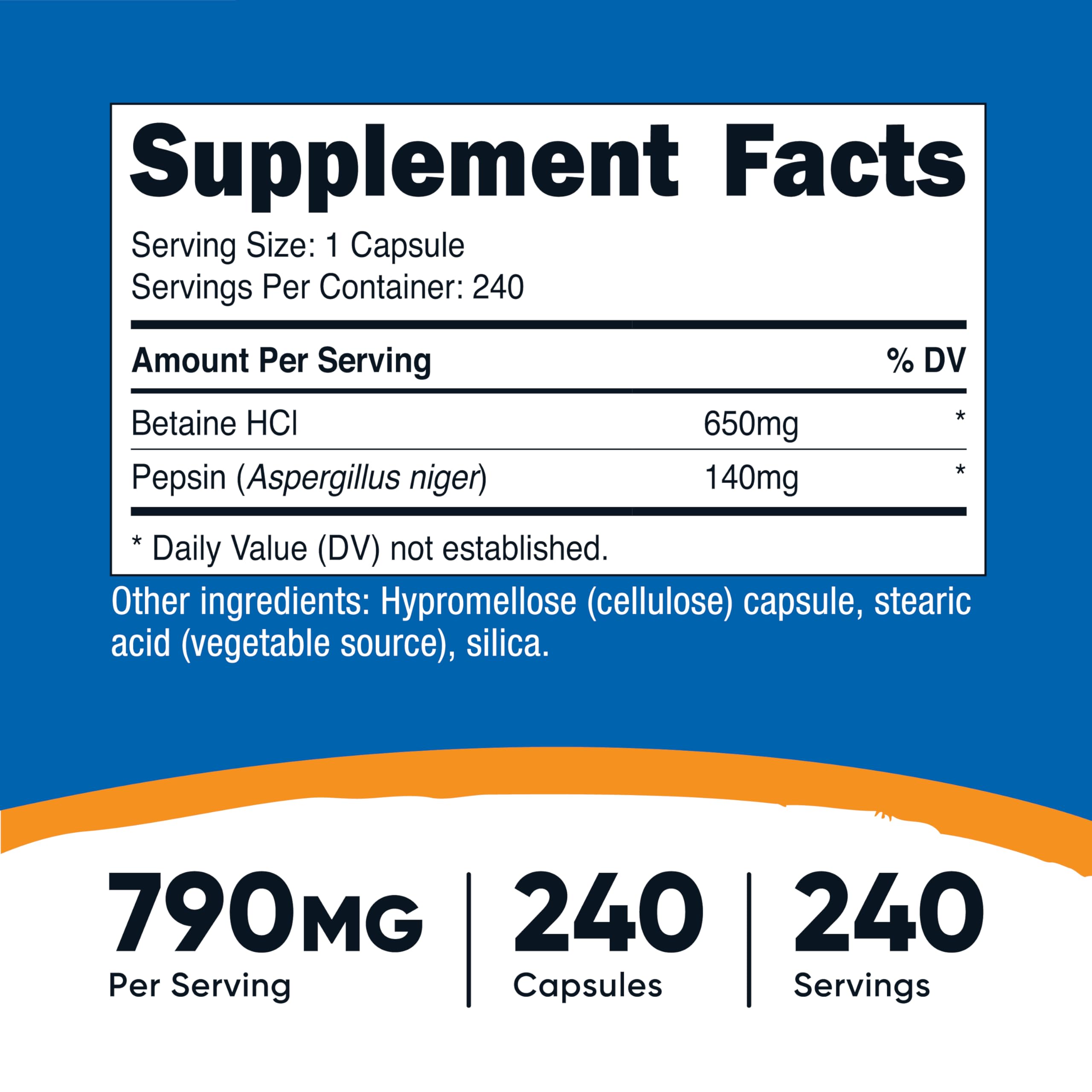 Nutricost Betaine HCl Pepsin capsules close-up; smooth vegetarian-friendly pills.