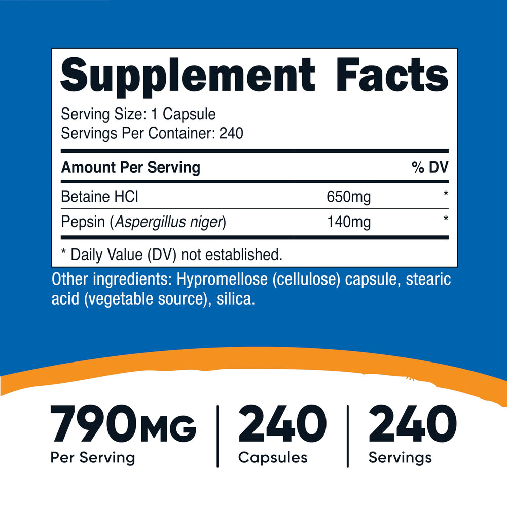 Nutricost Betaine HCl Pepsin capsules close-up; smooth vegetarian-friendly pills.
