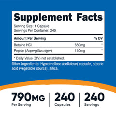 Nutricost Betaine HCl Pepsin capsules close-up; smooth vegetarian-friendly pills.