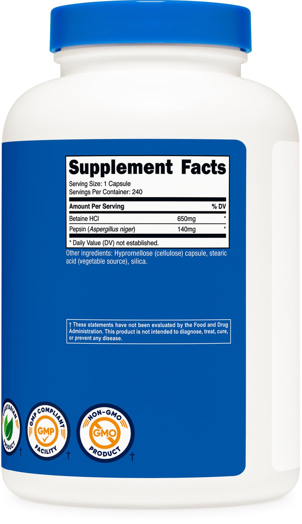 Nutricost Betaine HCl Pepsin ISO-tested badge on bottle; third-party verification.