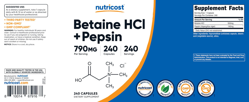 Nutricost Betaine HCl Pepsin bottle; vegetarian-friendly, plant-based benefits depicted.