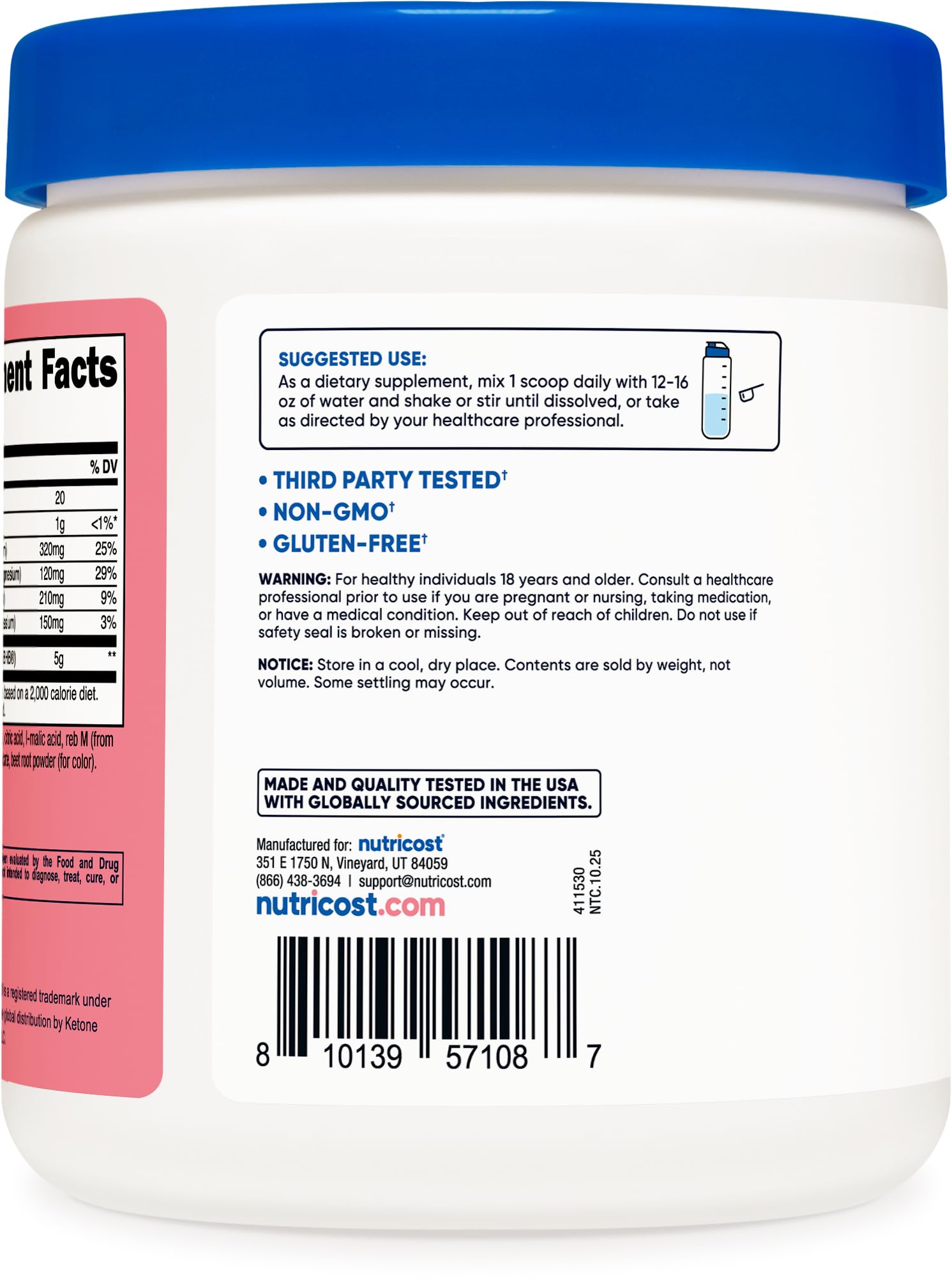 Nutricost BHB Salts Drink Mix serving setup shows ready-to-mix option.