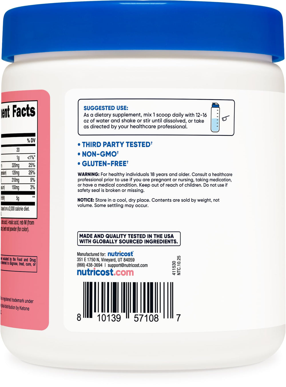 Nutricost BHB Salts Drink Mix serving setup shows ready-to-mix option.