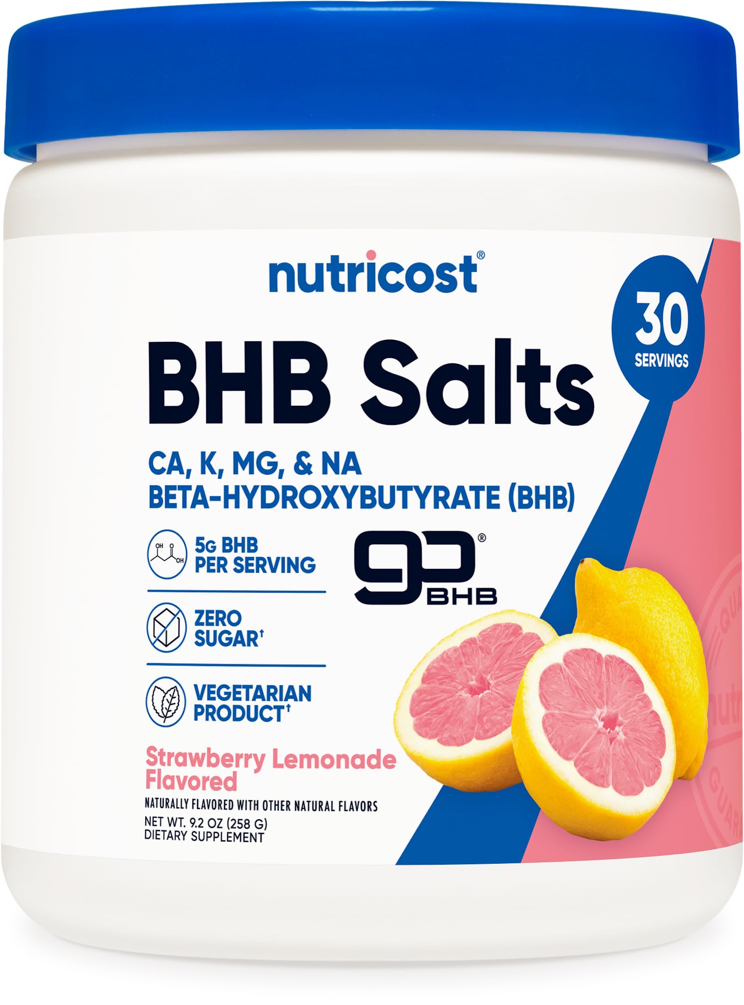 Nutricost BHB Salts Drink Mix Strawberry Lemonade bottle, refreshing energy-boosting flavor.