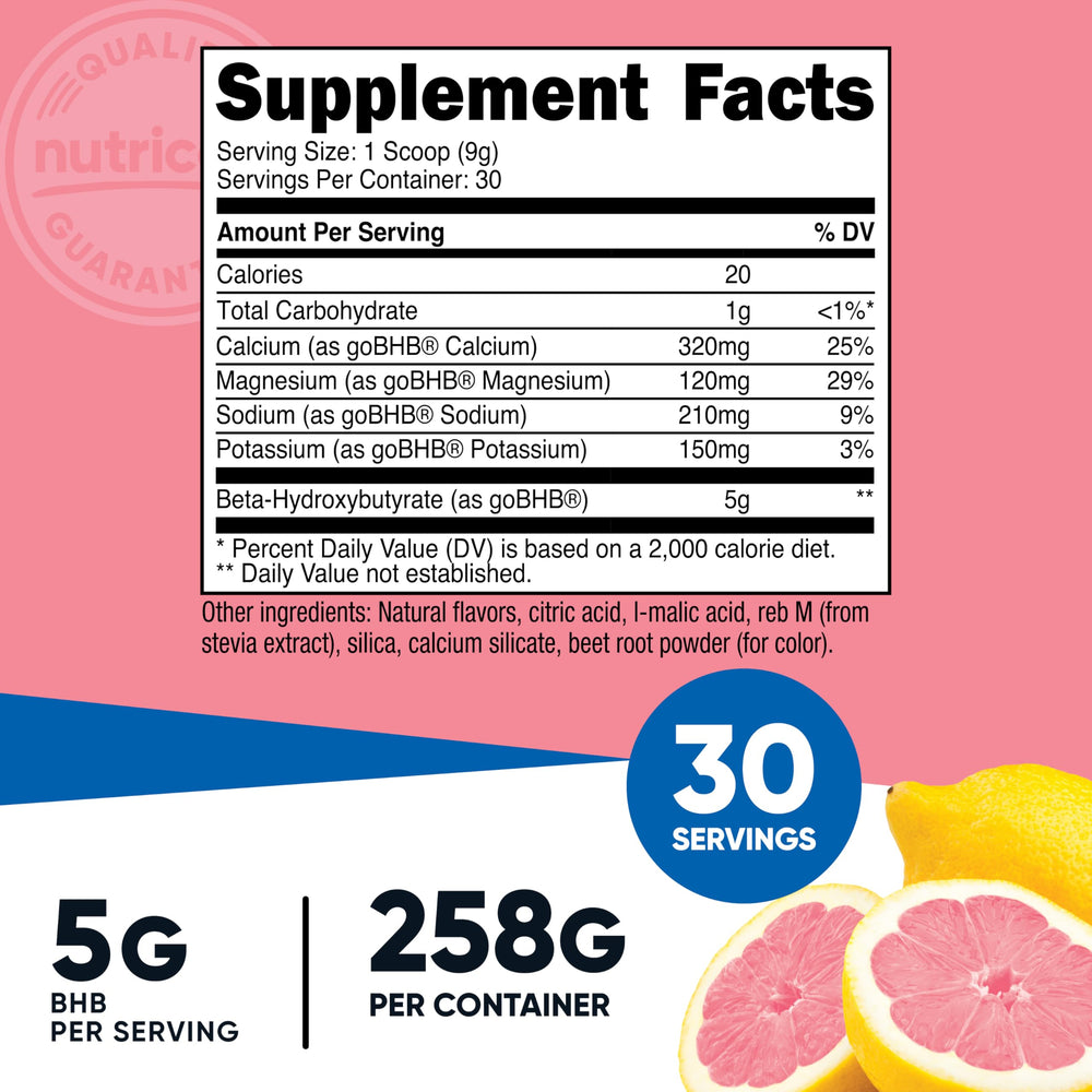 Nutricost BHB Salts Drink Mix Strawberry Lemonade in glass for quick, energizing hydration.