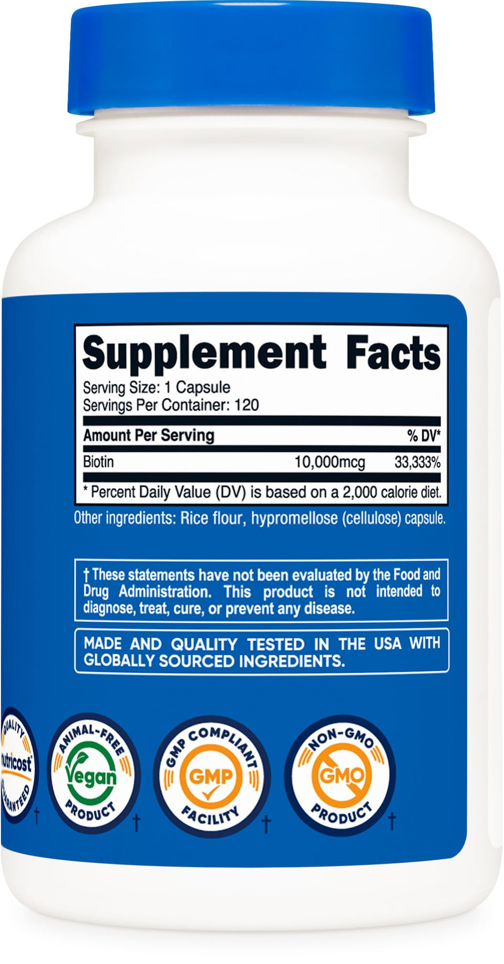 Nutricost Biotin bottle with NSF GMP FDA facility certifications.