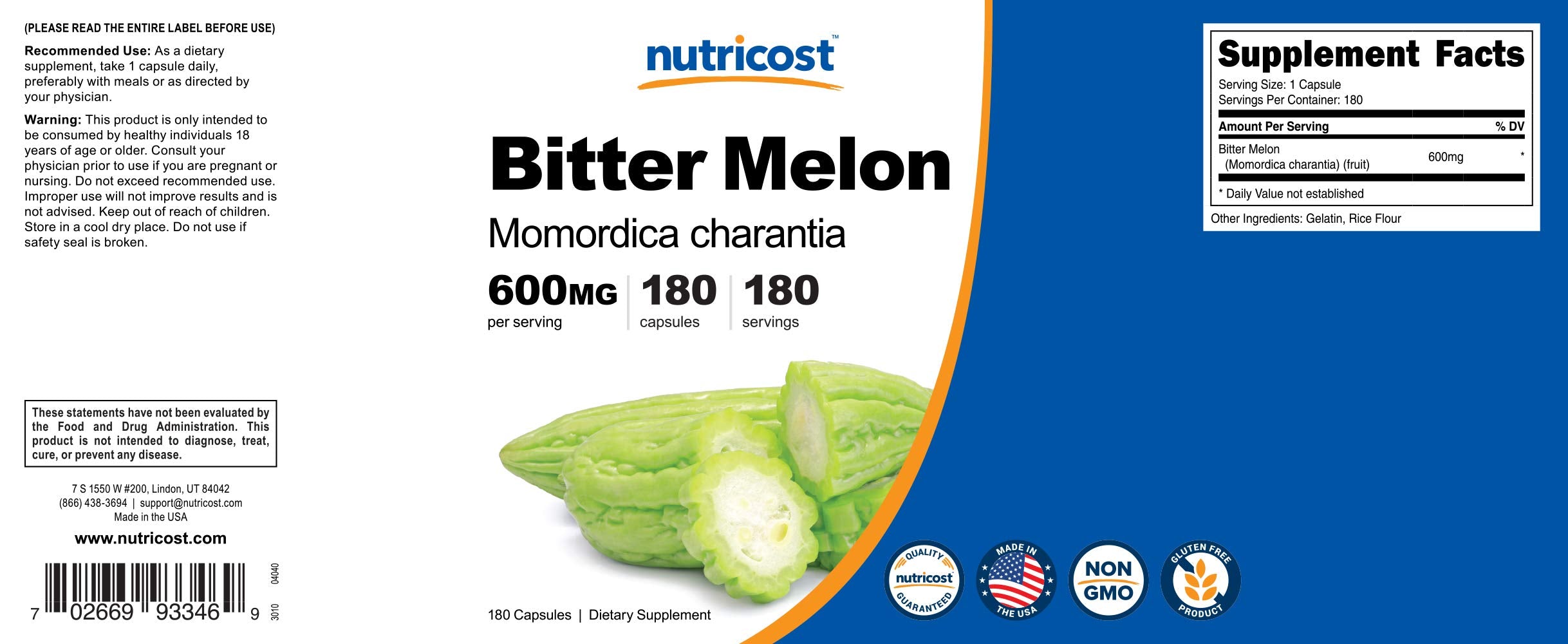 Nutricost bitter melon bottle close-up emphasizing quality and care.