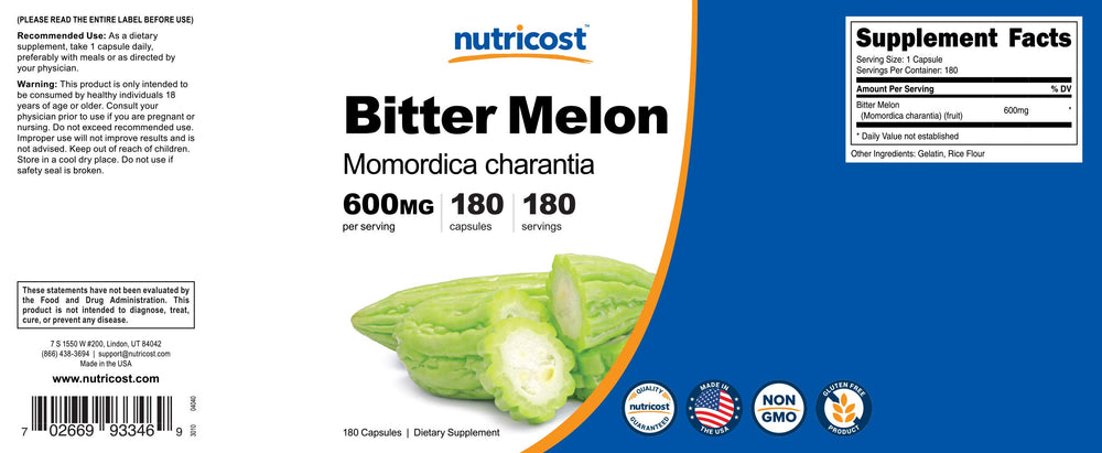 Nutricost bitter melon bottle close-up emphasizing quality and care.