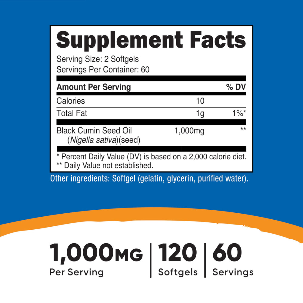 Nutricost Black Seed Oil softgels close-up showing 500mg per capsule