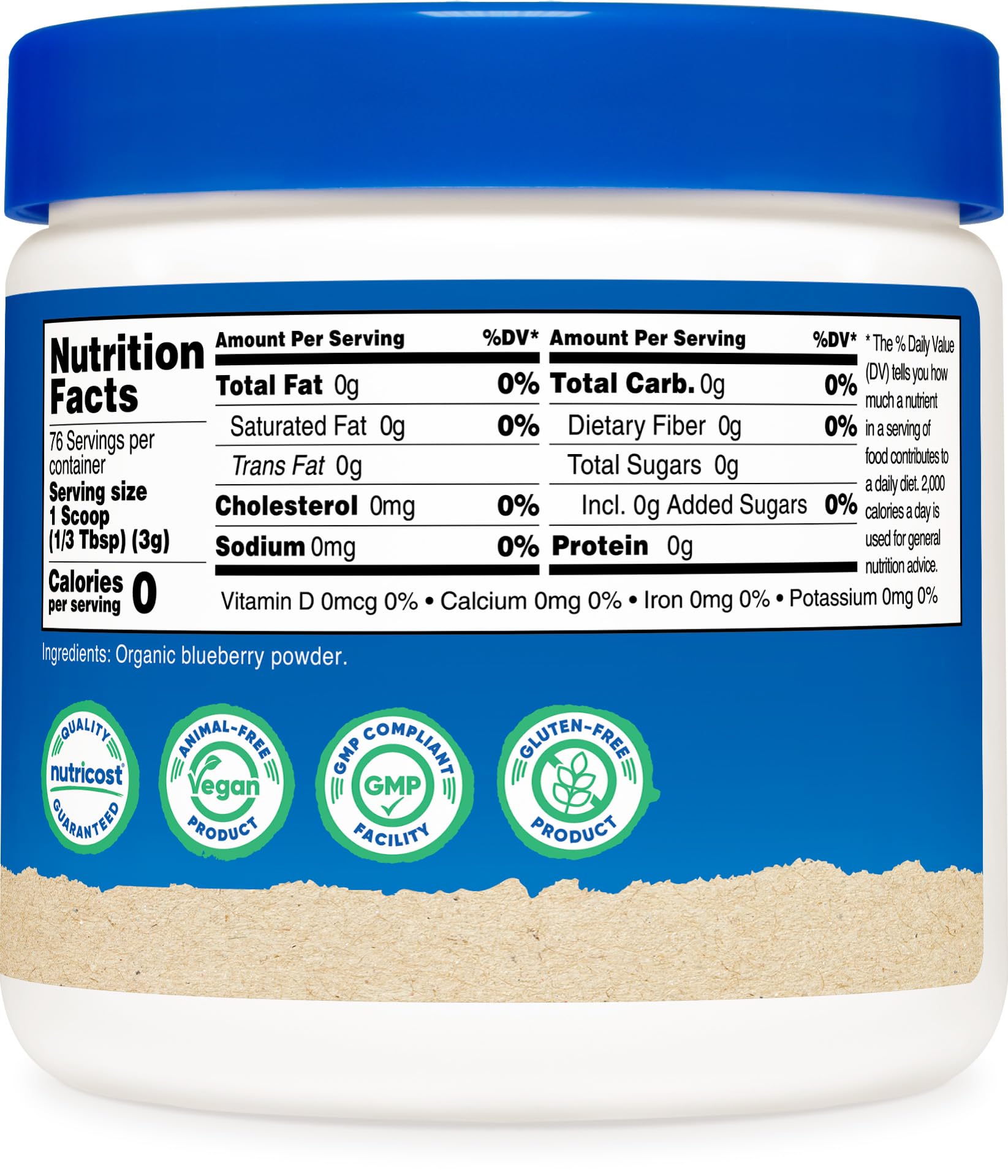 Nutricost Organic Blueberry Powder added to a smoothie for vibrant color