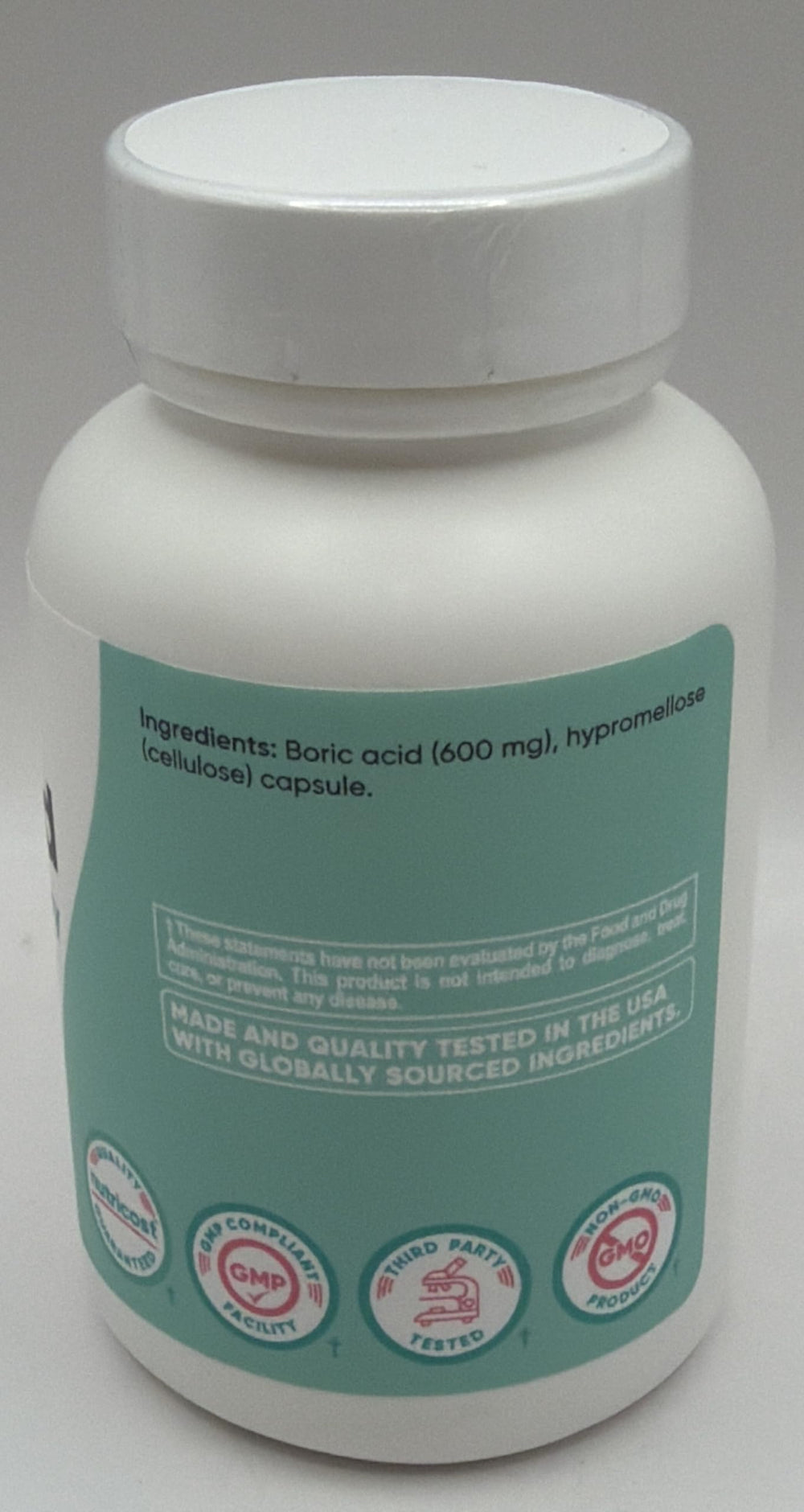 Nutricost 600mg boric acid facility stamp indicating GMP and FDA registration.