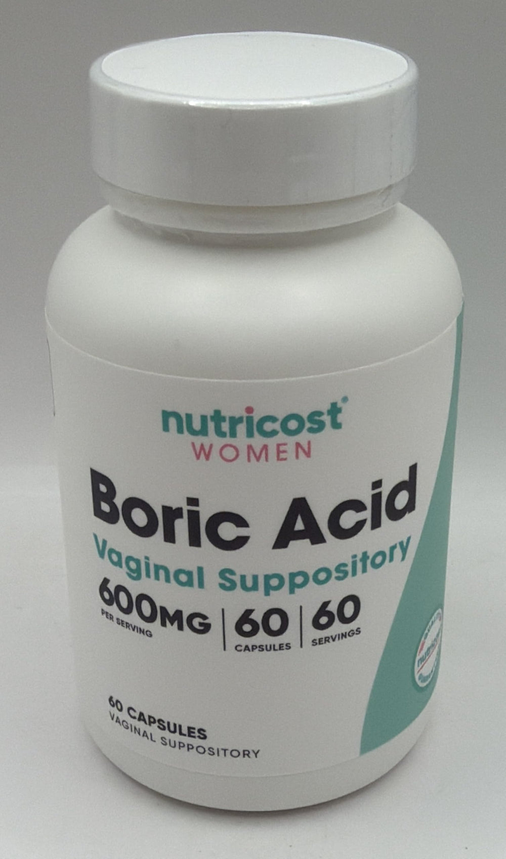 Nutricost boric acid 600mg plant-derived capsules highlight non-GMO quality.