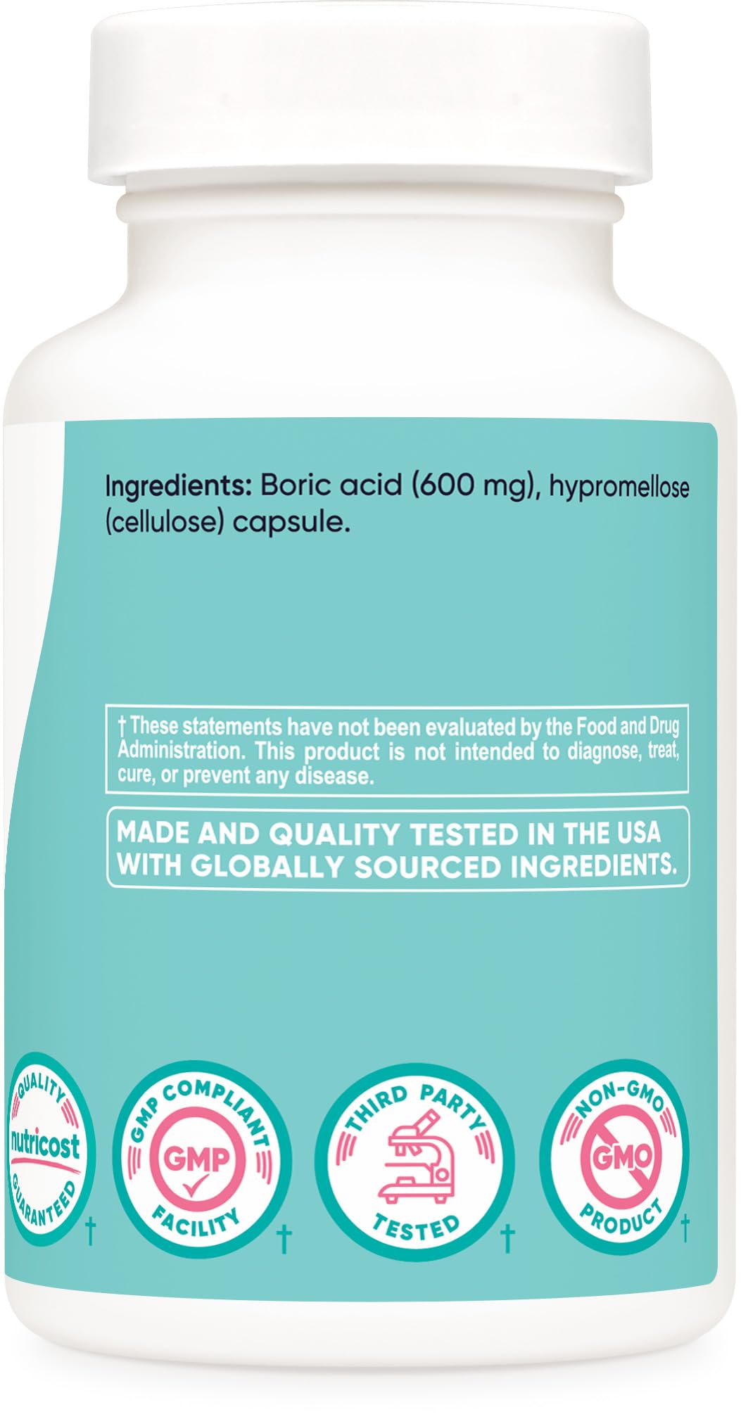Nutricost boric acid packaging with clear labeling and product details.