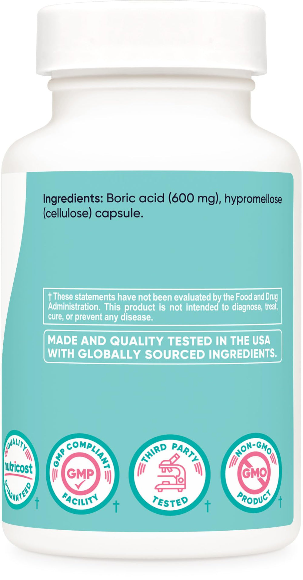 Nutricost boric acid packaging with clear labeling and product details.
