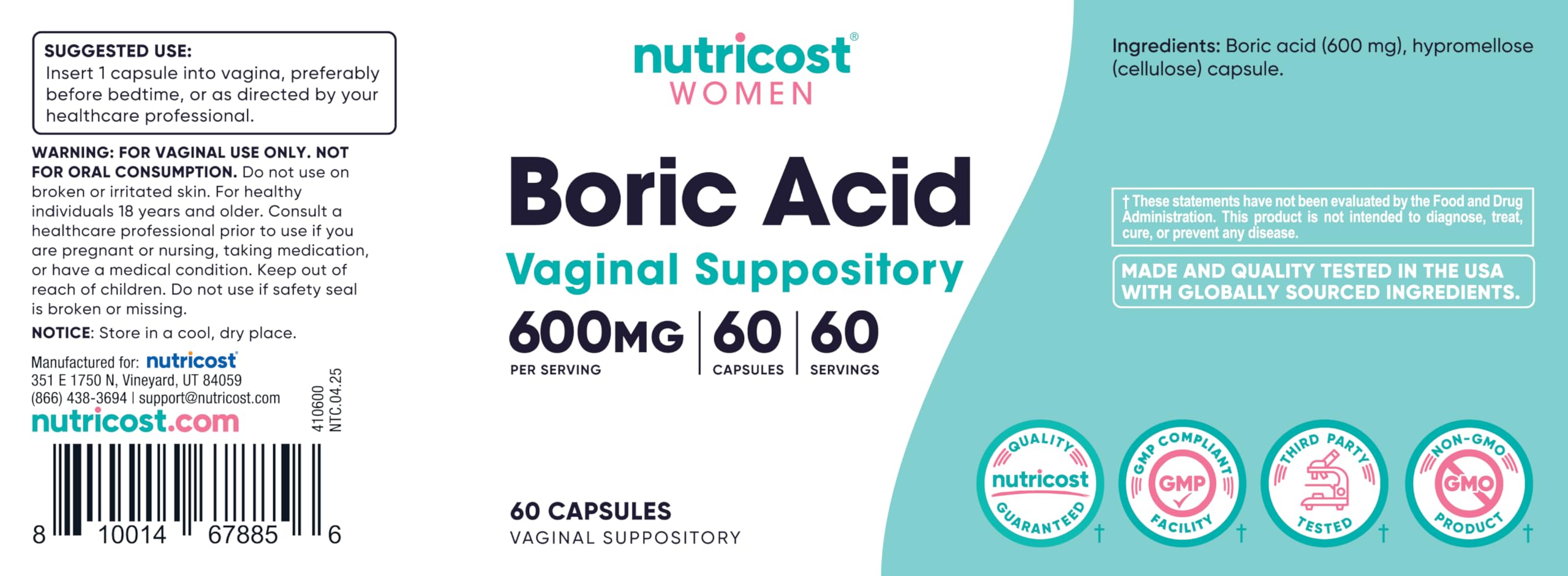 Nutricost 600mg boric acid label on plant-derived capsules.