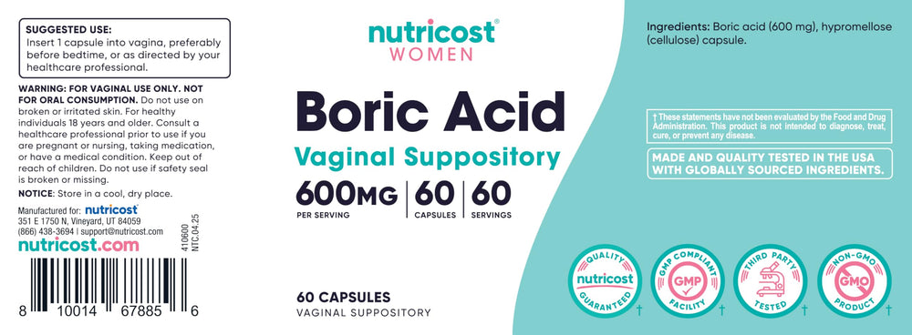 Nutricost 600mg boric acid label on plant-derived capsules.