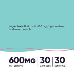 Nutricost boric acid 600mg vaginal suppositories bottle back with safety notes.