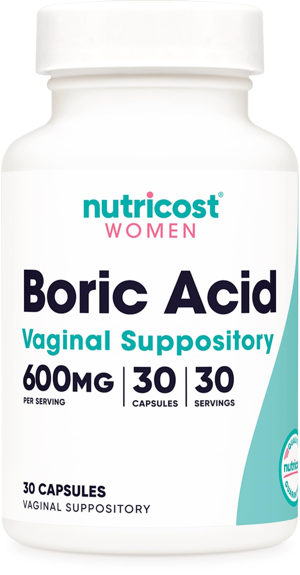 Nutricost boric acid 600mg vaginal suppositories bottle front for convenient home use.