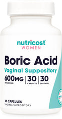 Nutricost boric acid 600mg vaginal suppositories bottle front for convenient home use.