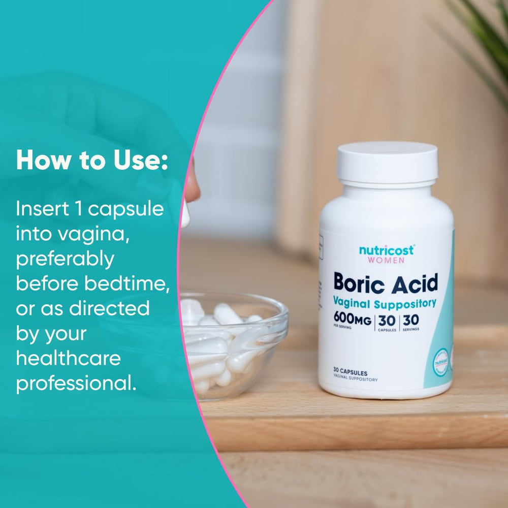 Nutricost boric acid 600mg vaginal suppositories in-use illustration.