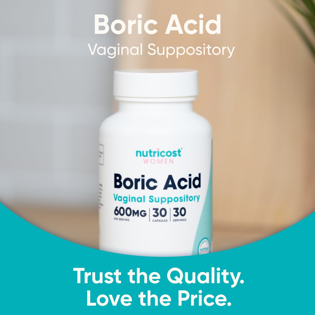 Nutricost boric acid 600mg vaginal suppositories open blister reveals capsules.