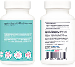 Nutricost boric acid 600mg vaginal suppositories packaging label shows details.
