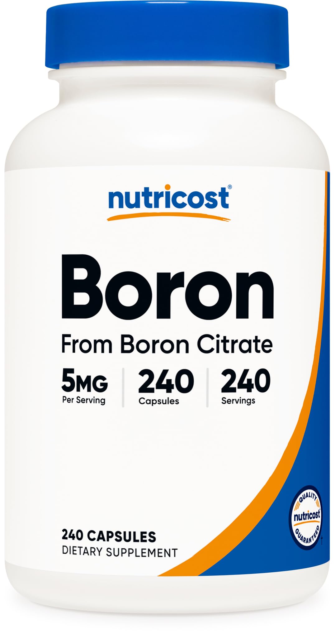Nutricost boron capsules bottle front showing 5 mg dosage for daily use