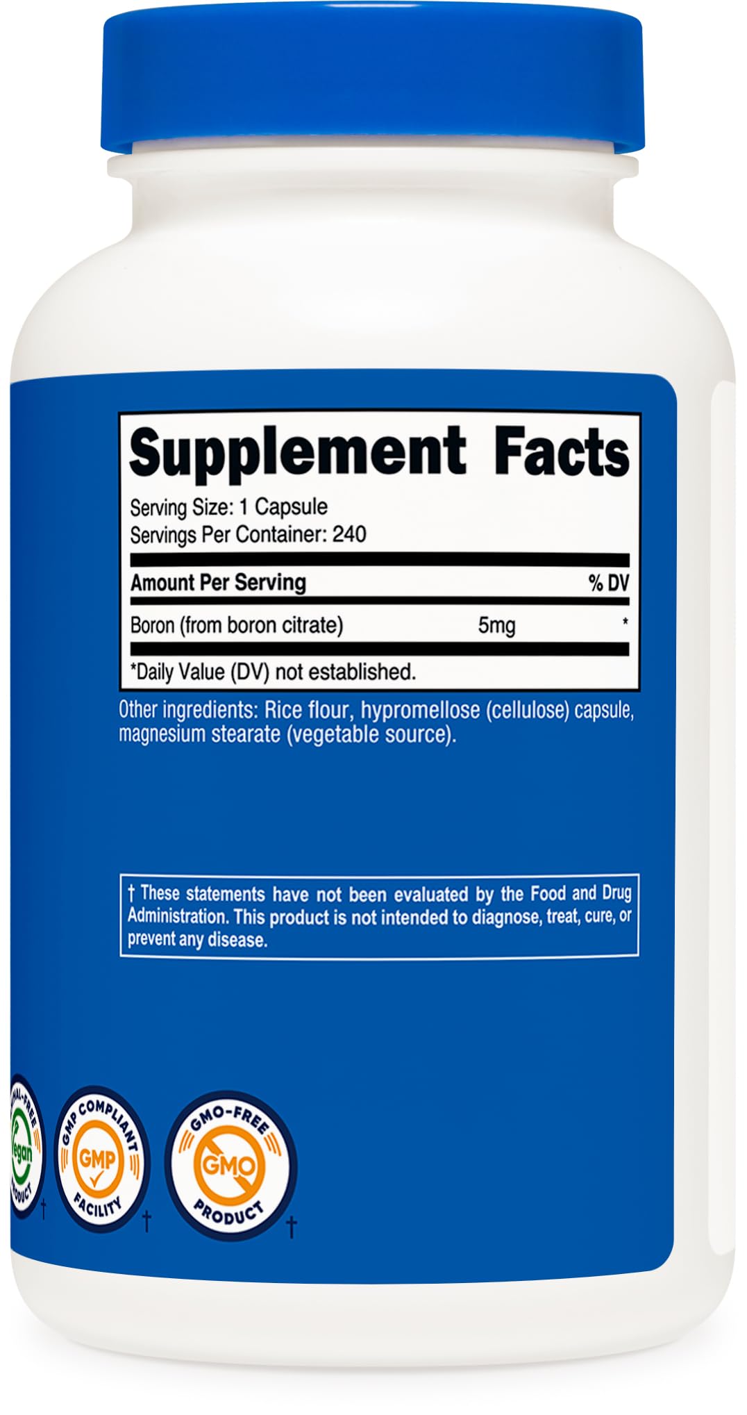 Nutricost boron capsules seal indicating gluten-free and non-GMO assurances