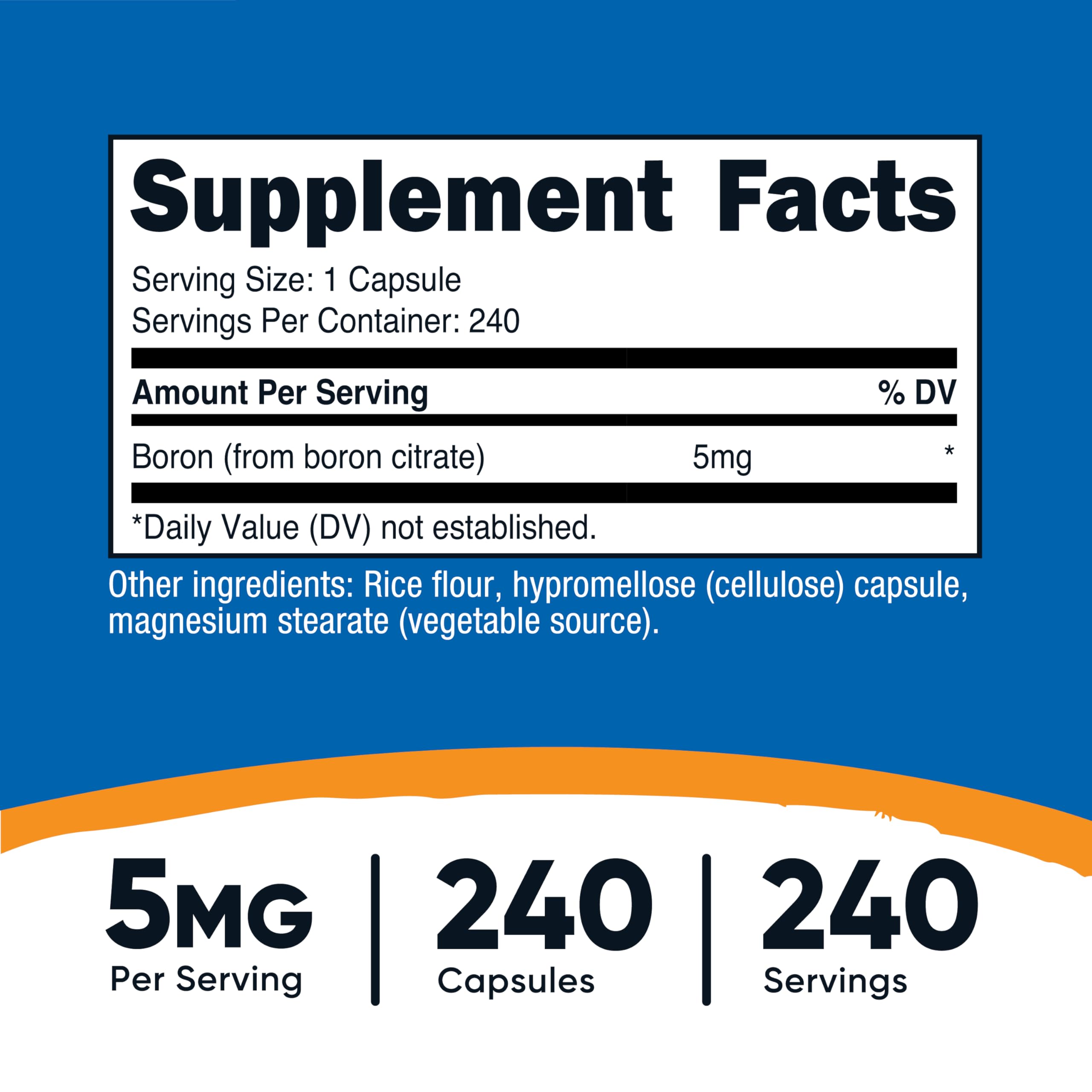 Close-up of Nutricost boron capsules label highlighting vegetarian gluten-free and non-GMO