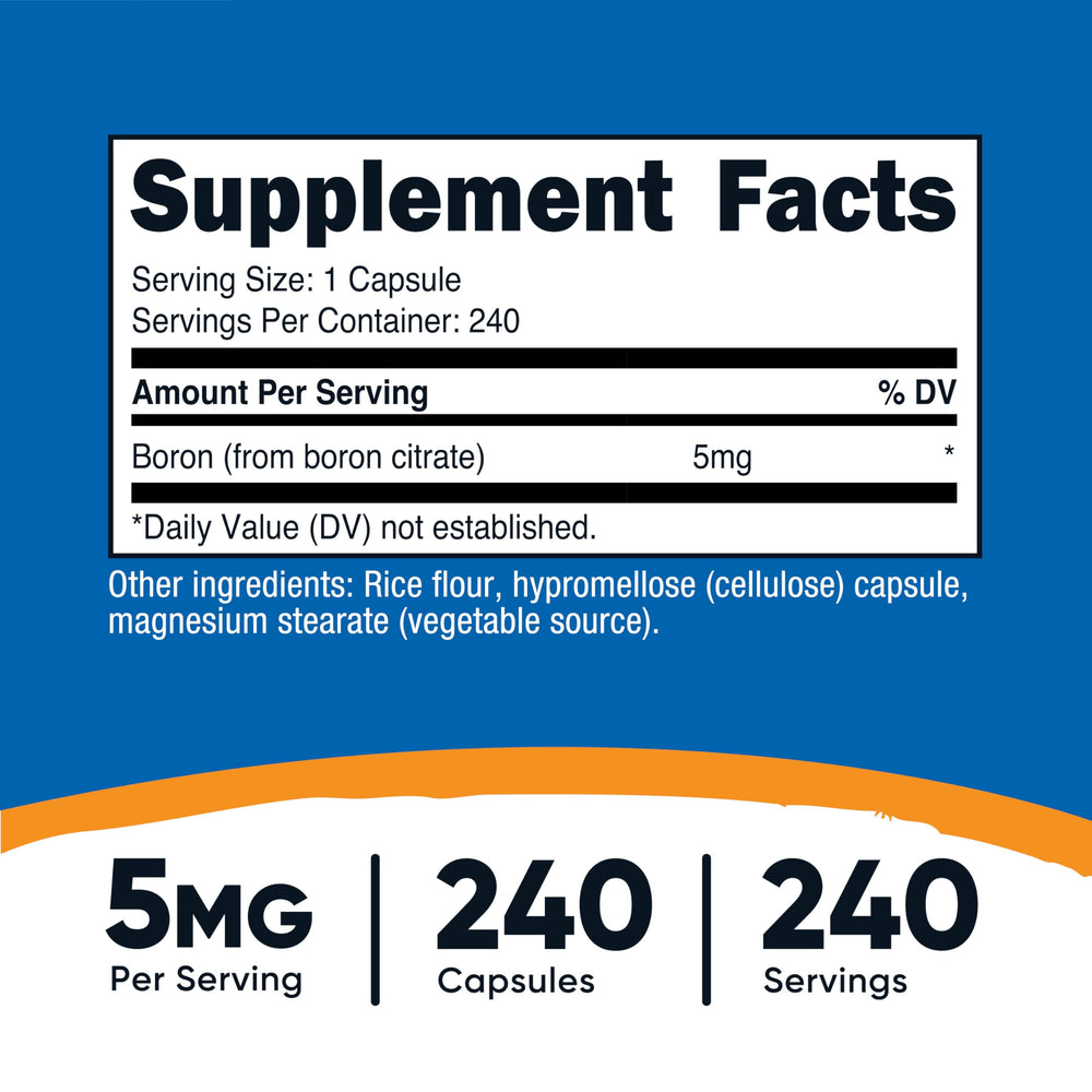 Close-up of Nutricost boron capsules label highlighting vegetarian gluten-free and non-GMO