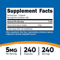 Close-up of Nutricost boron capsules label highlighting vegetarian gluten-free and non-GMO