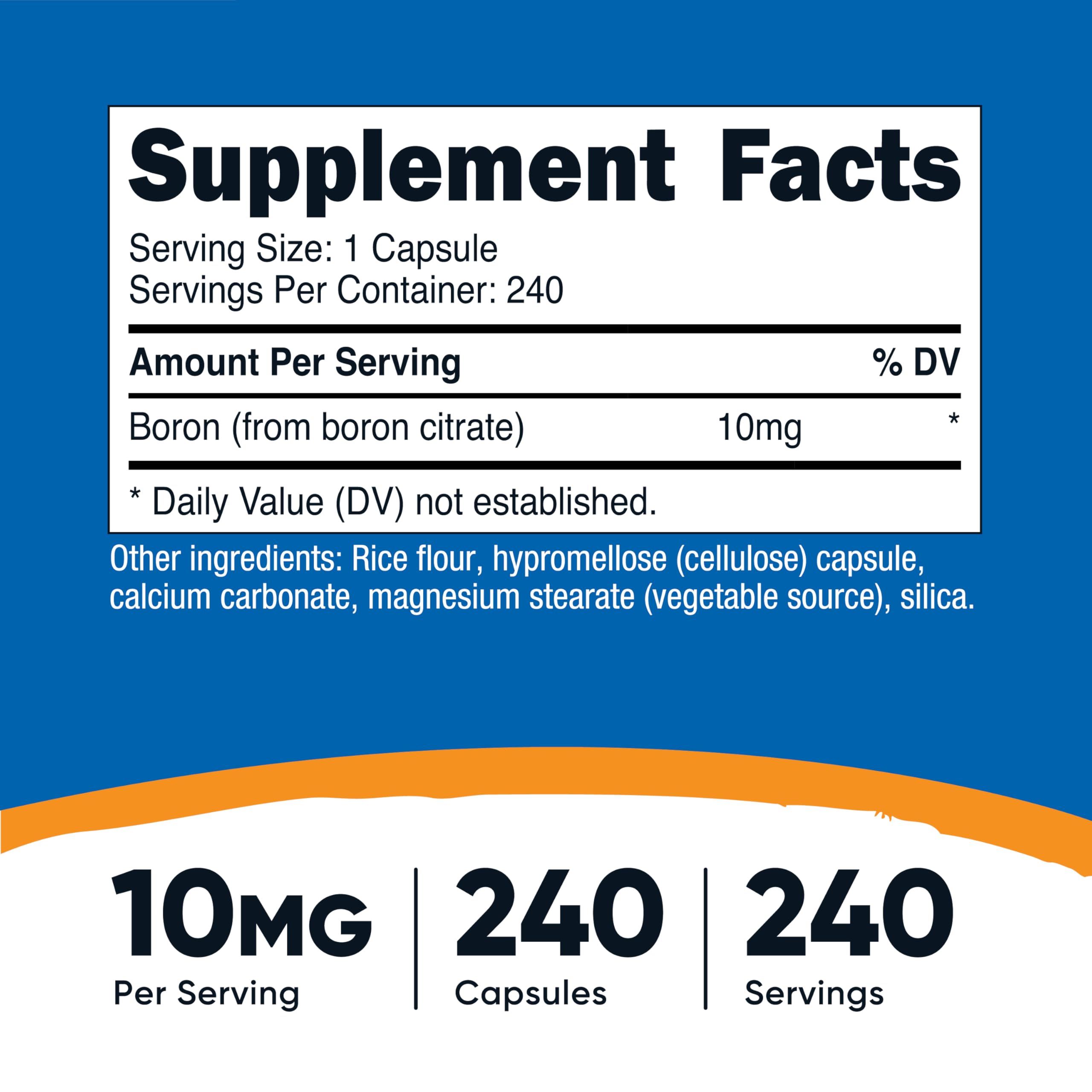 Nutricost Boron Capsules close-up showing 240 vegetarian servings for daily use.